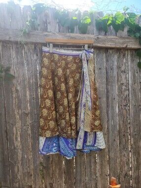 Mahesh Creations Reversible Silk Sari Wrap Skirt – Earthy Brown & Blue
